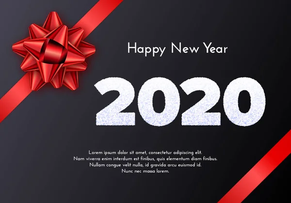 Holiday gift card. Happy New Year 2020. Snow numbers and red tied bow on dark background. Celebration decor. Vector — Stock Vector