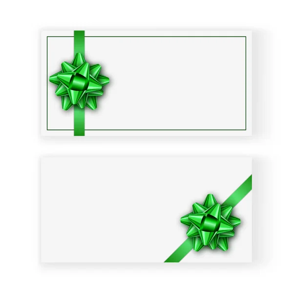 Set van horizontale witte wenskaart met een groene strik. Begrepen, ruimte. Jubileum, verjaardag, uitnodiging, banner, poster, flyer, promotie template ontwerp. Grafisch element. Vector — Stockvector