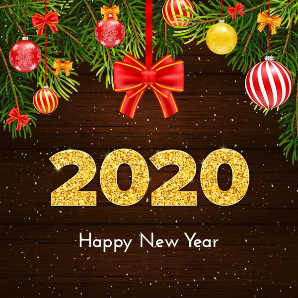Tarjeta de regalo de Navidad Feliz Año Nuevo. Números dorados 2020, ramas de abeto y lazo rojo atado sobre fondo de madera. Decoración de celebración. Vector — Archivo Imágenes Vectoriales