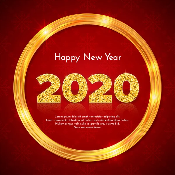 Dovolenková dárková karta Šťastný Nový rok. Zlatá čísla 2020 v kruhovém rámu na červeném pozadí se sněhovými vločkami. Oslavný dekor. Vektor — Stockový vektor