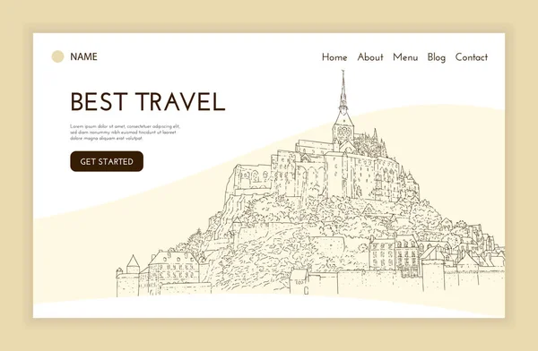İniş sayfası şablonu. Şehir çizimi. Çizgi sanat silueti. Seyahat sunumu. Turizm konsepti. Fransa, Mont Saint-Michel. Çizim — Stok Vektör