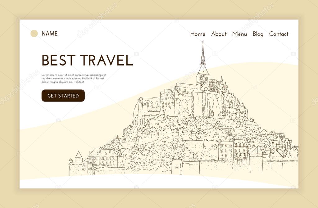 Landing page template. City sketching. Line art silhouette. Travel presentation. Tourism concept. France, Mont Saint-Michel. Sketch