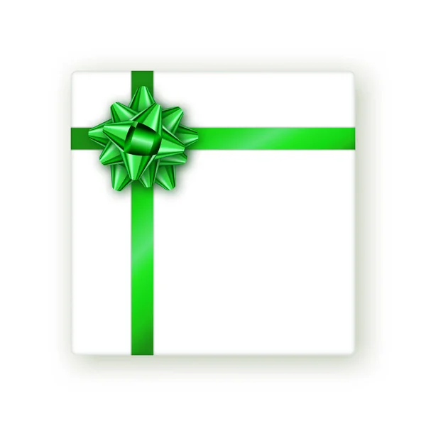 Подарочная коробка с зеленым бантом и реалистичной тенью на белом фоне. Юбилей, день рождения, приглашение, баннер, открытка, плакат, шаблон продвижения дизайна. Графический элемент. Вектор . — стоковый вектор