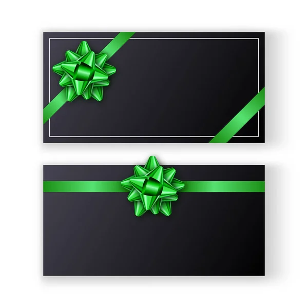 緑のタイ弓と現実的な影を持つ水平ダークグリーティングカードのセット。記念日、誕生日、招待状、バナー、ポスター、チラシ、プロモーションテンプレートのデザイン。ベクトル — ストックベクタ