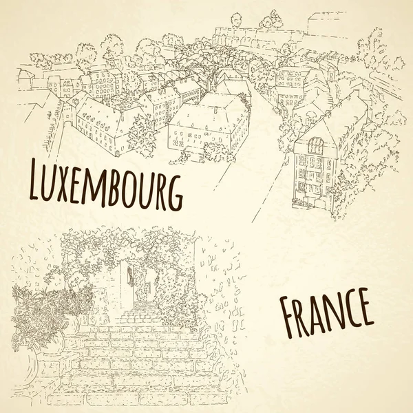 Set of city sketching. Line art silhouette. Travel card. Tourism concept. France, Saint-Paul-de-Vence. Luxembourg. — 스톡 벡터