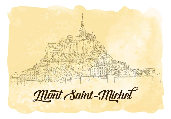 Városi rajzolás. Vonalművészet sziluett. Utazási kártya akvarell háttérrel. Idegenforgalmi koncepció. Franciaország, Mont Saint-Michel. Vázlatszerű vektor — Stock Vector