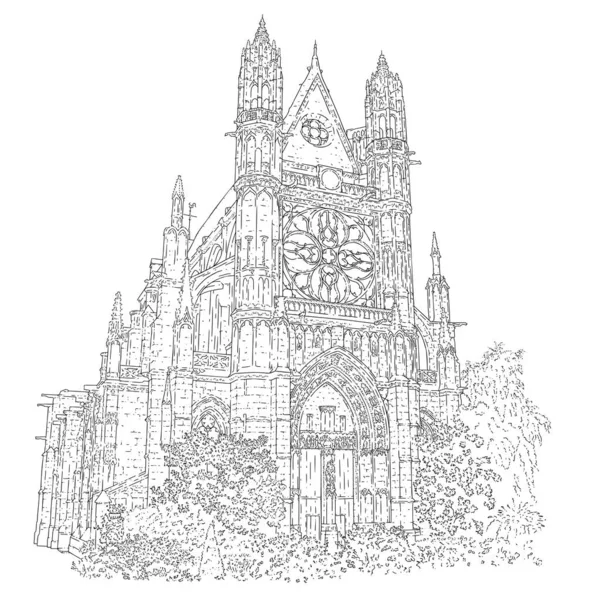 ゴシック様式の大聖堂フランス バーノンの街のスケッチ 白を基調としたラインアートシルエット 観光コンセプト スケッチスタイルベクトルイラスト — ストックベクタ