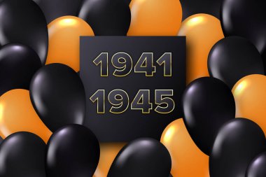 9 Mayıs - Zafer Günü şablonu tasarımı. Siyah ve turuncu balonlu hediye kartları ve altın numaralar 1941-1945 yılları arasında. Vektör illüstrasyonu.
