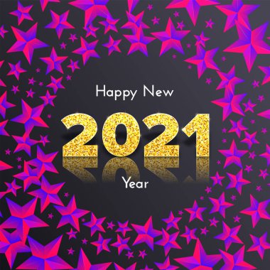 Koyu arkaplanda yansıması ve gölgesi olan 2021 numaralı altın sayılar. Neon yıldızlarının çelengi. Bayram hediye kartı. Mutlu yıllar. Kutlama dekoru. Vektör şablonu illüstrasyonu.