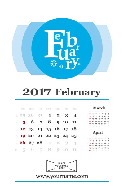 Calendário criativo fevereiro 2017 com composição de letras — Vetor de Stock
