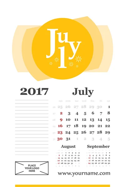 Kreatív naptár július 2017 összetételét betű — Stock Vector