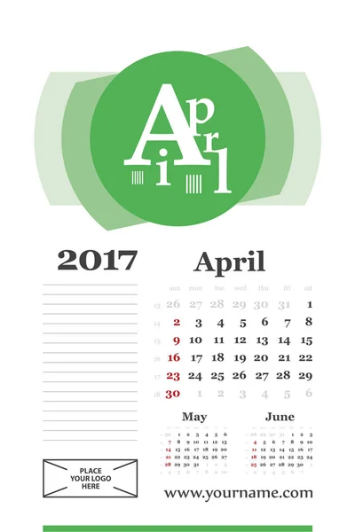 Kreativa kalender april 2017 med sammansättning av bokstäver — Stock vektor