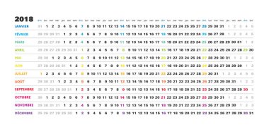 Fransız takvimi 2018 - doğrusal basit tasarımı, yaratıcı yatay kılavuz seçili Pazar günleri ile