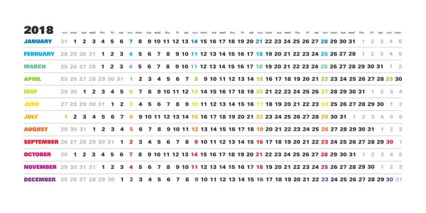 Englischer Kalender 2018 - lineare, einfache Gestaltung, kreatives horizontales Raster mit ausgewählten Sonntagen — Stockvektor