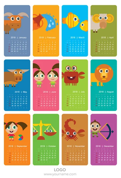 Calendrier créatif 2018 avec signes horoscopiques (ensemble de symboles du zodiaque) - illustration de couleur plate — Image vectorielle