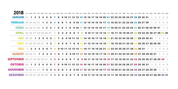 Deutscher kalender 2018 - lineare, einfache gestaltung, kreatives horizontales raster mit ausgewählten sonntagen — Stockvektor