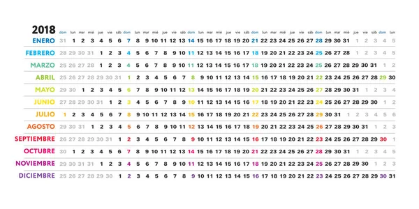 Spaanse kalender 2018 - lineaire eenvoudig ontwerp, creatieve horizontaal raster met geselecteerde zondagen — Stockvector