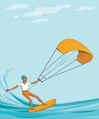 Uçurtma sörfçü yaz okyanus - turuncu boğacak üzerinde güneş gözlüklü adam - vektör düzenlenebilir çizim üzerinde. Poster, afiş, kart için aşırı spor kavram.