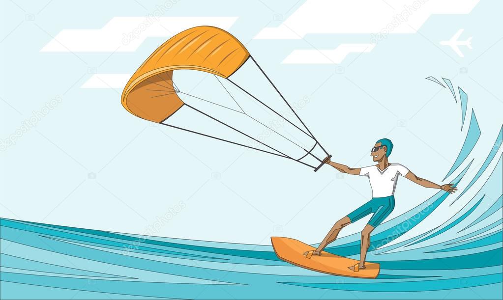 Kite surfer on summer ocean - man in sunglasses on orange waterboard  - vector editable illustration. Extreme sport concept for poster, banner, card.