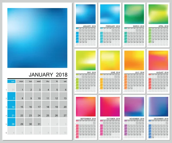 Wandkalender für 2018 Jahr. Bunte Seiten. Wochenstart Sonntag, klassisches Gitter mit Zahlen. editierbare Vektorvorlage für Web- und Printdesign. — Stockvektor