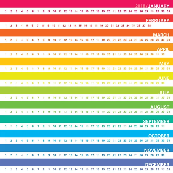 Kvadratisk väggkalender 2018 med horisontellt rutnät, söndagar som valts. Rainbow flerfärgad design. Redigerbara vektor-konceptet. — Stock vektor