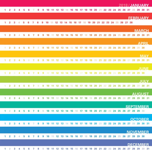 Wandkalender quadratisch 2018 mit horizontalem Raster, Sonntage ausgewählt. Regenbogen buntes Design. Vektoreditierbares Konzept. — Stockvektor