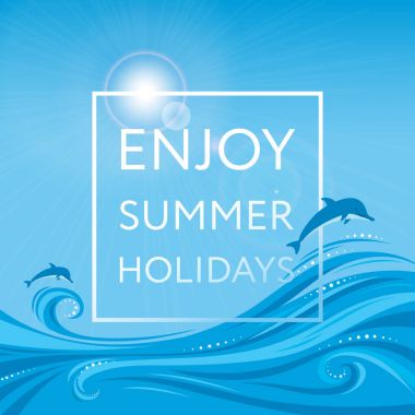 Yaz tatili - afiş, poster, su, güneş ve yunuslar ile şablon zevk. Rekreasyon kavramı.