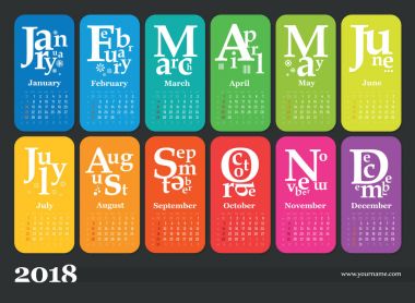 Duvar takvimi 2018 yıl için. Çok renkli sayfaları. Hafta başlangıç Pazar, klasik ızgara, İngilizce. Düzenlenebilir vektör şablon web ve baskı tasarımı için.