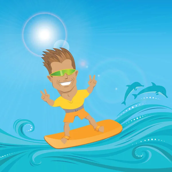 Surfista no oceano de verão - personagem de desenho animado, homem de óculos de sol verdes em prancha de água laranja - ilustração editável vetorial. Conceito de desporto extremo . — Vetor de Stock