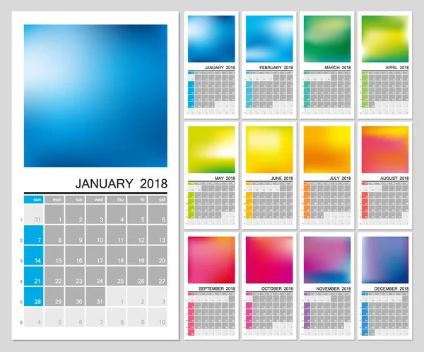 Wall calendar for 2018 year. Multicolored pages. Week start sunday, classic grid, english. Editable vector template for web and print design. — Stock Vector