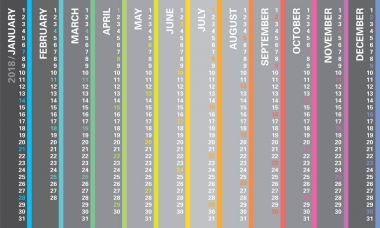 Gökkuşağı tasarım, seçili, Pazar günleri İngilizce dil ile yaratıcı duvar takvim 2018. Çok renkli şablonu web, iş, baskı, kartpostal, duvar ve afiş için.