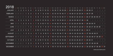 Yatay siyah tasarımı, seçili, kırmızı renk Pazar günleri İngilizce dil ile yaratıcı duvar takvim 2018. Zarif şablon web, iş, baskı, kartpostal, duvar, yer imi ve afiş için.