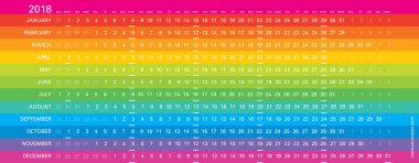 Gökkuşağı tasarım, seçili, Pazartesi günleri İngilizce dil ile yaratıcı duvar takvim 2018. Çok renkli şablonu web, iş, baskı, kartpostal, duvar ve afiş için.