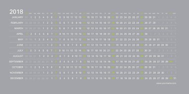 Yatay gri tonlu tasarım, seçili, Pazar günleri İngilizce dil ile yaratıcı duvar takvim 2018. Zarif şablon web, iş, baskı, kartpostal, duvar, yer imi ve afiş için.