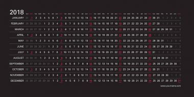 Yatay siyah tasarımı, seçili, pembe renk Pazartesi İngilizce dil ile yaratıcı duvar takvim 2018. Zarif şablon web, iş, baskı, kartpostal, duvar, yer imi ve afiş için.