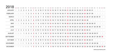 Yatay beyaz açık tasarım, seçili, kırmızı renk Pazar günleri İngilizce dil ile yaratıcı duvar takvim 2018. Zarif şablon web, iş, baskı, kartpostal, duvar, yer imi ve afiş için.