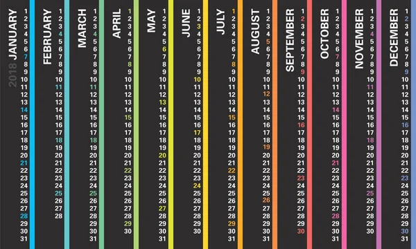 PrintCalendario de pared creativo 2018 con diseño de arco iris, domingos seleccionados, idioma inglés. Plantilla multicolor para web, negocios, impresión, postal, pared y banner . — Vector de stock