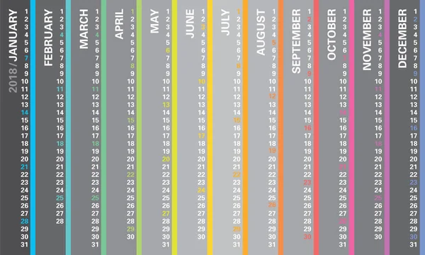 Gökkuşağı tasarım, seçili, Pazar günleri İngilizce dil ile yaratıcı duvar takvim 2018. Çok renkli şablonu web, iş, baskı, kartpostal, duvar ve afiş için.