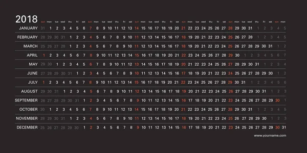 Yatay siyah tasarımı, seçili, kırmızı renk Pazar günleri İngilizce dil ile yaratıcı duvar takvim 2018. Zarif şablon web, iş, baskı, kartpostal, duvar, yer imi ve afiş için.