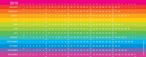 Kalendarz ścienny Creative 2018 z rainbow design, poniedziałki zaznaczone, języka angielskiego. Wielobarwny szablon dla sieci web, drukowanie, pocztówka, ściany i transparent. — Wektor stockowy