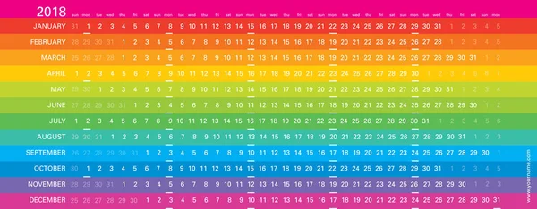 Calendrier mural créatif 2018 avec design arc-en-ciel, lundi sélectionné, langue anglaise. Modèle multicolore pour le web, les affaires, l'impression, la carte postale, le mur et la bannière . — Image vectorielle