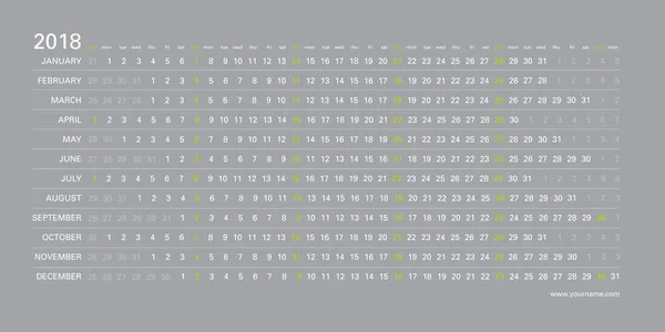 Kreativa väggkalender 2018 med horisontella gråskala design, söndagar valt engelska språket. Elegant mall för web, business, print, vykort, vägg, bokmärke och banner. — Stock vektor