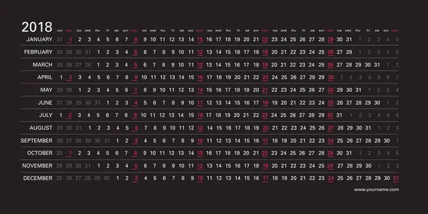 Yatay siyah tasarımı, seçili, pembe renk Pazartesi İngilizce dil ile yaratıcı duvar takvim 2018. Zarif şablon web, iş, baskı, kartpostal, duvar, yer imi ve afiş için.
