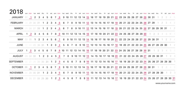 Creatieve wandkalender 2018 met horizontale witte duidelijk ontwerp, rode kleur maandag geselecteerd, Engelse taal. — Stockvector