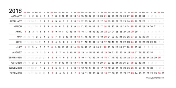 Calendário de parede criativo 2018 com design transparente branco horizontal, cor escarlate domingos selecionados, idioma inglês. Modelo elegante para web, negócios, impressão, cartão postal, parede, marcador e banner . —  Vetores de Stock