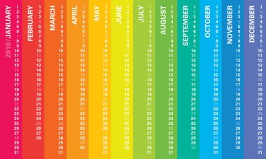 Gökkuşağı dikey tasarım, seçili, Pazar günleri İngilizce dil ile yaratıcı duvar takvim 2018. Çok renkli şablonu web, iş, baskı, kartpostal, duvar ve afiş için.