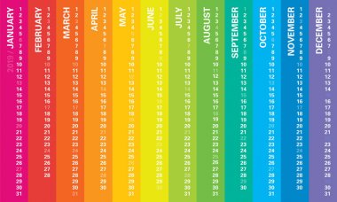 Gökkuşağı tasarım, seçili, Pazar günleri İngilizce dil ile yaratıcı duvar takvim 2019. Çok renkli şablonu web, iş, baskı, kartpostal, duvar ve afiş için.