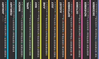 Gökkuşağı tasarım çizgili, seçili, Pazar günleri İngilizce dil ile yaratıcı duvar takvim 2019. Çok renkli şablonu web, iş, baskı, kartpostal, duvar ve afiş için.