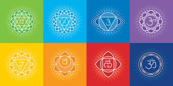 Chakras system of human body - used in Buddhism and Ayurveda. For design, associated with yoga - poster, banner. Vector Sahasrara, Ajna, Vishuddha, Anahata, Manipura, Swadhisthana, Muladhara, symbol Om — Stock Vector