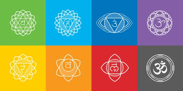 Sistem Chakras dari tubuh manusia - yang digunakan dalam Buddhisme dan Ayurveda. Untuk desain, terkait dengan yoga poster, spanduk. Vektor Sahasrara, Ajna, Vishuddha, Anahata, Manipura, Swadhisthana, Muladhara, simbol Om - Stok Vektor